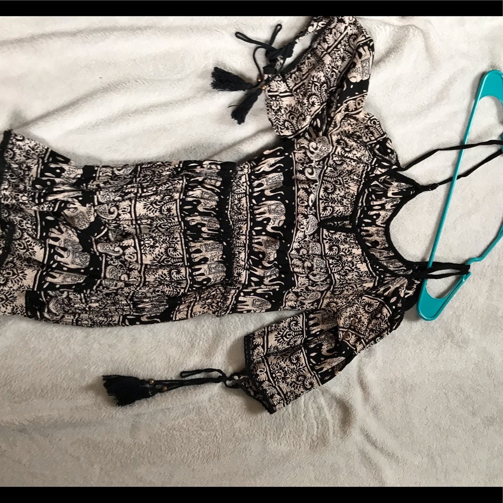 Elephant print romper with sleeve tassels